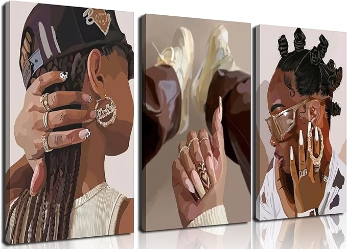 Marllifenney 3Pcs Black Girl Wall Art Framed Trendy Black Woman Decor Posters Abstract African American Canvas Prints Modern Black Women Painting Female Pictures for Bedroom Living Room Dorm 12x16in