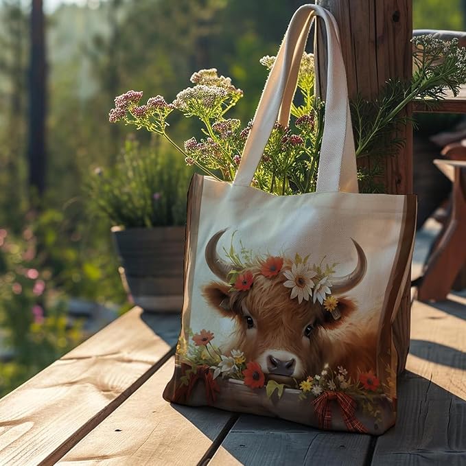 Western Highland Cow Canvas Tote Bag - Highland Cow Lover Gifts,Canvas Shoulder Bag for Women for Girls
