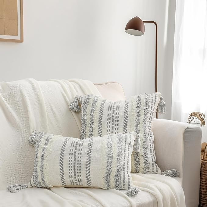 decorUhome Decorative Boho Throw Pillow Cover 12x20, Lumbar Accent Neutral Textured Tufted Pillow Cover Striped for Couch Bed Sofa, Grey and Cream White, Pack of 1
