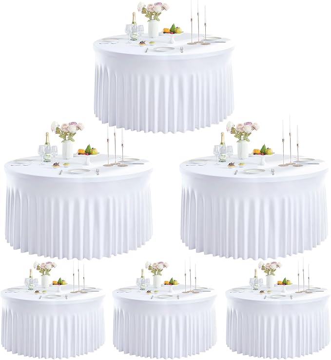Outpain 6 Pack White Round Spandex Tablecloth for 48Inch/4FT Tables - Stretchy Table Cloth with Skirt, Wrinkle-Free Fitted Cloth for Wedding Vendor, Banquet & Graduation Decor (108" Round)