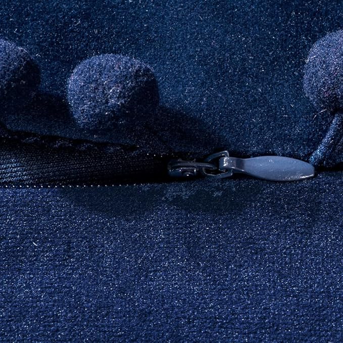DEZENE 18x18 Throw Pillow Covers Dark-Blue: 2 Pack Cozy Soft Pom-poms Velvet Square Decorative Pillow Cases for Farmhouse Home Decor