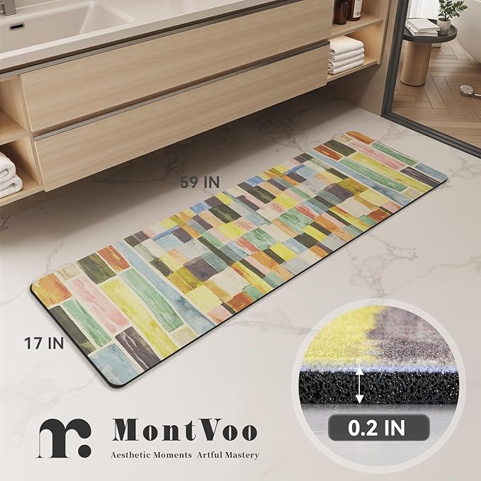 MontVoo -Bath Mat-Non Slip Thin Bathroom Rugs Fit Under Door- Quick Dry Absorbent Faux Suede Surface Grey Bathroom Floor Mats-Shower Rug for in Front of Bathtub Shower Colorful Plaid 17x59
