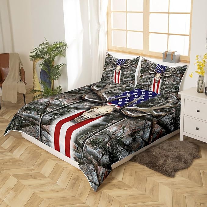 Castle Fairy American Flag Duvet Cover King Size, Deer Antlers Bedding Set, Branches Print Comforter Cover with 2 Pillowcases, Boys Girls Soft Microfiber Fashion Xmas Gift Quilt Cover