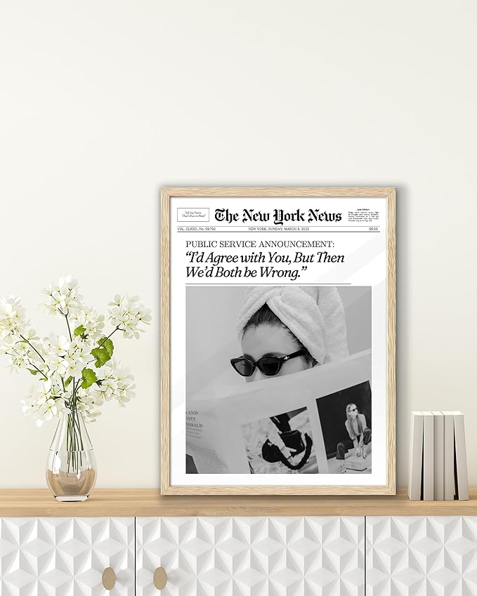 EcoHest Unframed Trendy Newspaper Wall Art, 12x16 in OAK Wood Cool Girl Canvas Art Posters, Magazine Bar Cart Print College Dorm Decor, Beige Logs Set of 1 for Bedroom Living Room