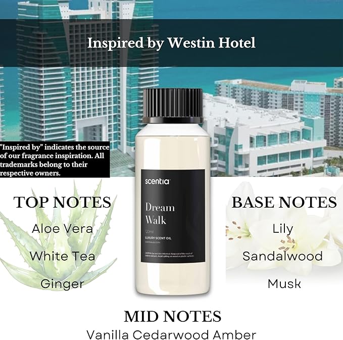 Hotel Diffuser Oil Inspired by The Westin Hotel Scent - 50 ml 1.69 fl oz - Fragrance Oil Blend White Tea, Cedarwood & Amber Notes for Aromatherapy Diffusers and Humidifiers - Dream Walk