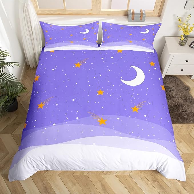 Dreamy Starry Sky Duvet Cover Queen Size Purple Galaxy Comforter Cover with 2 Pillowcase for Teens Adults Kids Stars and Moon Bedding Set Cute Girly Breathable 3 Pcs Decorative Bed Cover(No Comforter)