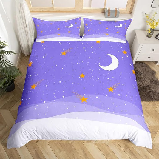 Cartoon Starry Sky Bedding Set Purple Galaxy Comforter Cover Set for Kids Teens Women Room Decor Stars and Moon Duvet Cover Breathable Lovely Dreamy Bedspread Cover Full Size(No Comforter)