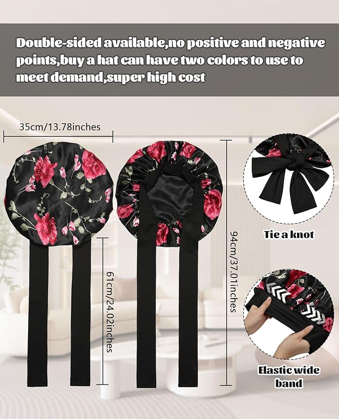 Satin Bonnet Silk Bonnet for Sleeping Silk Sleep Cap Double Layer Hair Bonnet with Elastic Tie Band for Curly Hair Night Cap (Black Flower + Black)