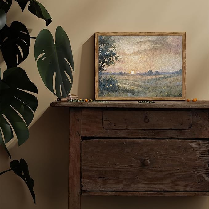 Framed 3D Textured Wall Art, Vintage Fall Sunset Wall Decor Painting, Hand Drawn Sandstone Nature Watercolor Landscape Pictures for Living Room Bedroom Home Decor 16x24 inch Wood Frame