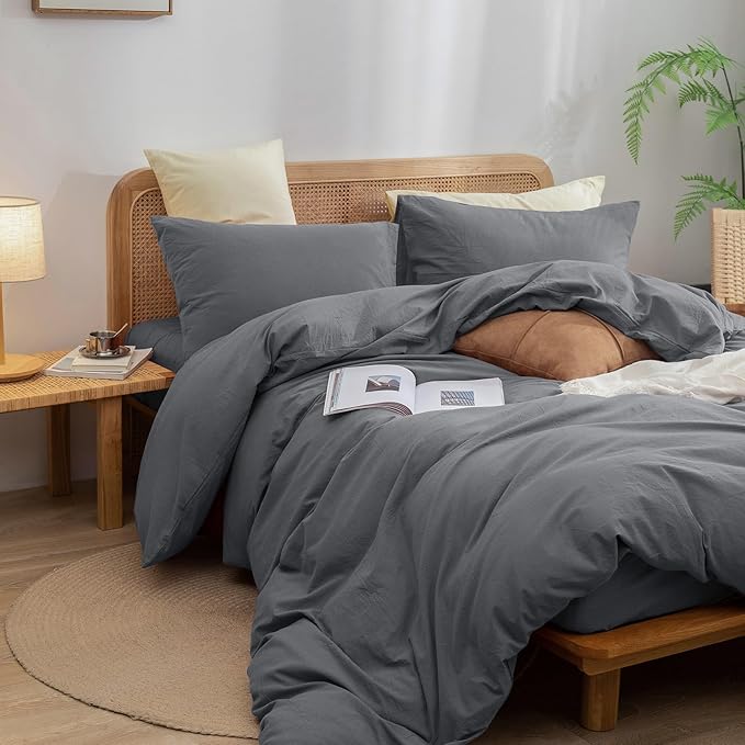 BESTOUCH Duvet Cover Set 100% Washed Cotton Linen Feel Super Soft Comfortable Chic Lightweight 3 PCs Home Bedding Set Solid Quiet Shade Grey Oversized Queen