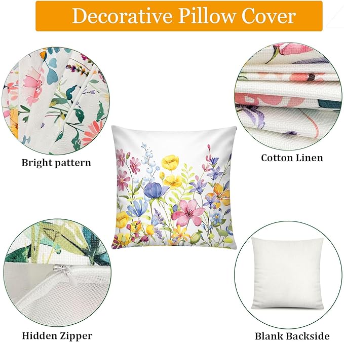 COMMINY 6 Pack Spring Floral Pillow Cover 18x18 Blossm Flower Throw Pillow Covers Vibrant Color in 6 Unique Patterned Cushion Covers for Couch Sofa Living Room Home 6 P
