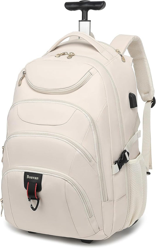 Boavan Rolling Backpack for Women, 17.3 Inch Wheeled Laptop Backpack,Large Travel Carry-On Bag for Teachers College Students, USB Charging Port Waterproof Business for Airplane Overnight Luggage，Beige