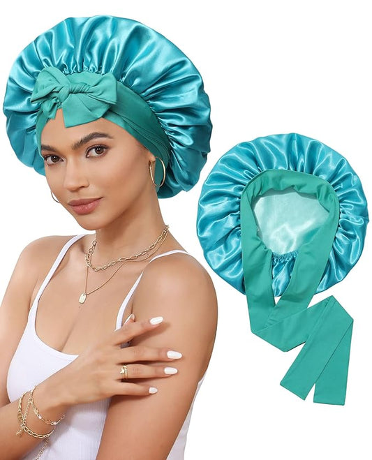 Satin Bonnet Silk Bonnet for Sleeping Silk Sleep Cap Double Layer Hair Bonnet with Elastic Tie Band for Curly Hair Night Cap (Peacock green+Wheat green)