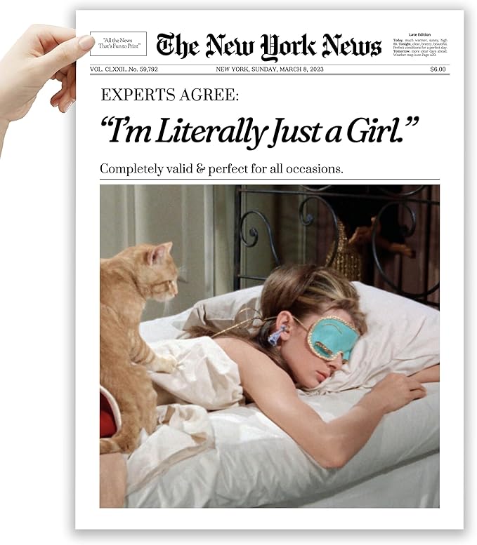 EcoHest Unframed Trendy Newspaper Audrey Hepburn Magazine Wall Art, 12x16 in I‘m Literally Just a Girl Canvas Wall Art Home Decor, Beige Retro Set of 1 For Bedroom Living Room