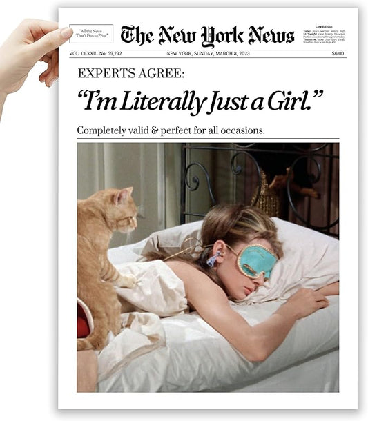EcoHest Unframed Trendy Newspaper Audrey Hepburn Magazine Wall Art, 12x16 in I‘m Literally Just a Girl Canvas Wall Art Home Decor, Beige Retro Set of 1 For Bedroom Living Room