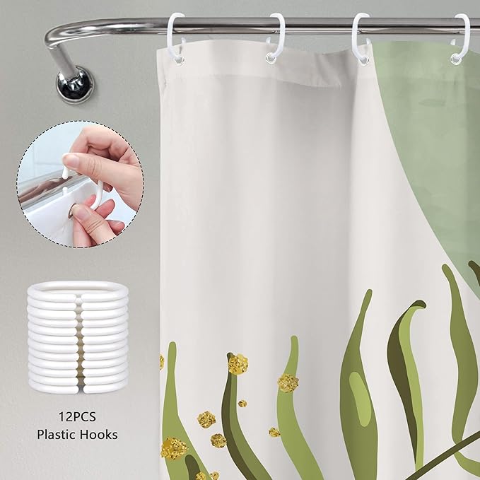 Sage Green Boho Shower Curtain 72Wx72H Modern Abstract Bohemian Leaves Minimalist Neutral Botanical Geometric Arch Bathroom Decor Mid Century Plant Bath Curtain Fabric Polyester 12 Pack Hooks