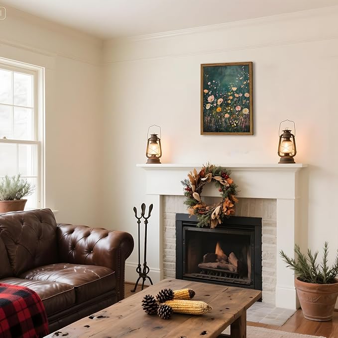 Framed 3D Textured Vintage Wildflower Wall Art, Green Flower Wall Decor Painting, Hand Drawn Sandstone Farmhouse Botanical Landscape Pictures Artwork for Living Room Bedroom 16x24 inch Wood Frame