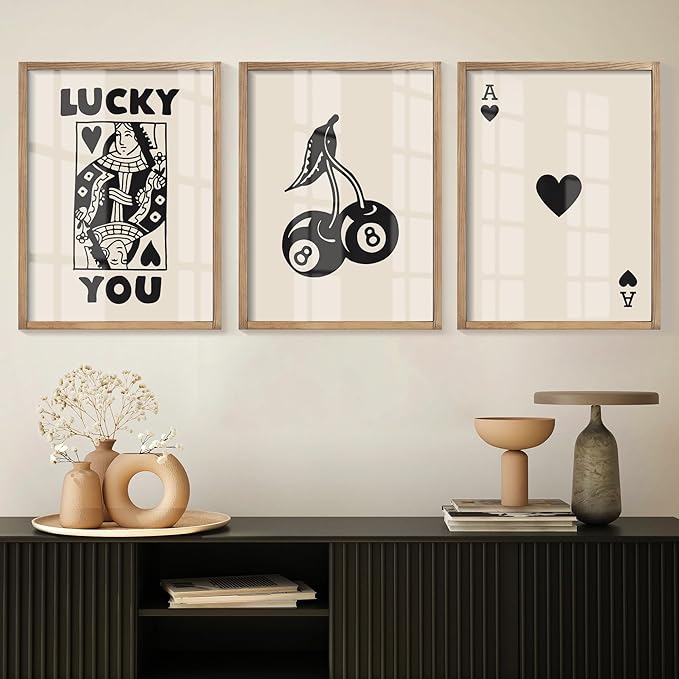 Heiple Framed Set of 3 Poker Wall Art Lucky You Poster, Trendy Retro Print Wall Decor for Queen of Hearts Wall Art Rustic Vintage Farmhouse Home Wall Decor（Brown 12"x16"）