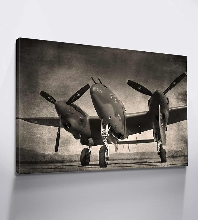 Black and White Twin Engine Airplane Canvas Wall Art - Aviation Decor Propeller Wall Decor - Airplane Art Posters and Gifts for Home - Ready to Hang (28''Hx40''W)