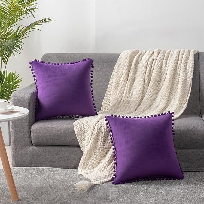 DEZENE 24x24 Throw Pillow Cases Purple: 2 Pack Cozy Soft Pom-poms Velvet Square Decorative Pillow Covers for Farmhouse Home Decor