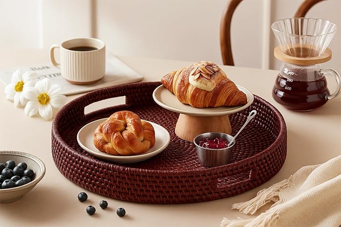 JUNGLE CULTURE Large Rattan Serving Tray 14" in Brown • Round Table Basket • Wicker Ottoman Trays with Handles for Coffee Table, Bed Side or Couch • Flat Circle Woven Tray • Boho Farmhouse Decor