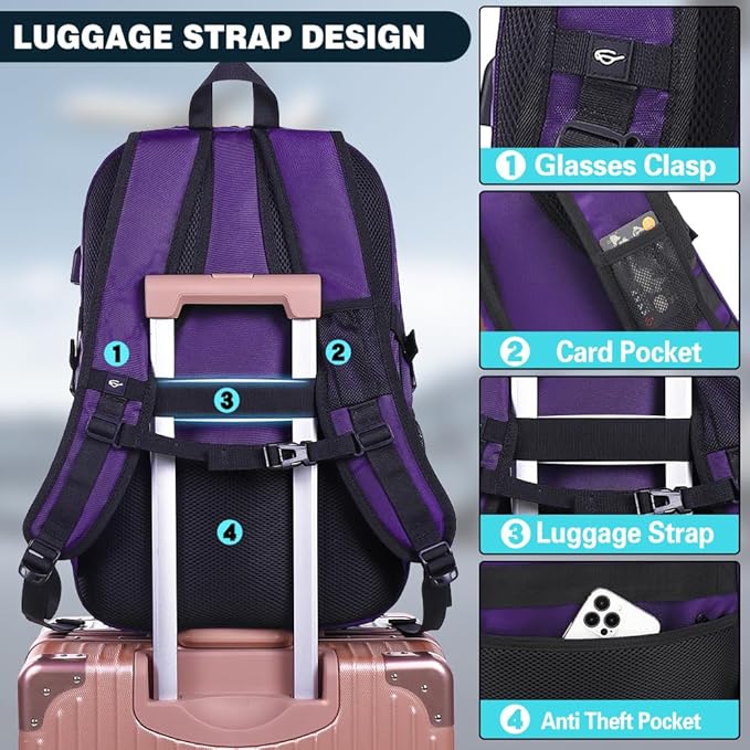 ProEtrade Travel Backpack, Extra Large Laptop Backpack School Business Anti Theft TSA Approved College Work Computer Bag Fits 17 Inch Laptop with USB Charging Port Bookbag for Women Men(Purple)