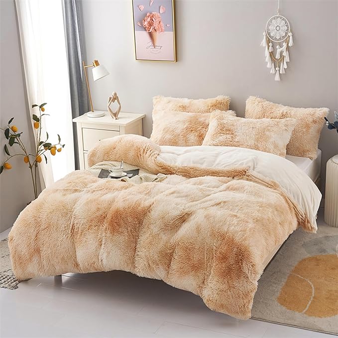 MorroMorn 5 PCS Shaggy Duvet Cover Bedding Set - Fluffy Comforter Cover Long Faux Fur Luxury Ultra Soft Cozy (Marble Beige, King/California King)