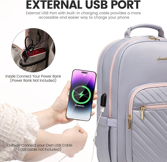 LOVEVOOK Laptop Backpack for Women 17.3 inch,Cute Womens Travel Backpack Purse,Professional Laptop Computer Bag,Waterproof Work Business College Teacher Bags Carry on Backpack with USB Port,Grey Pink