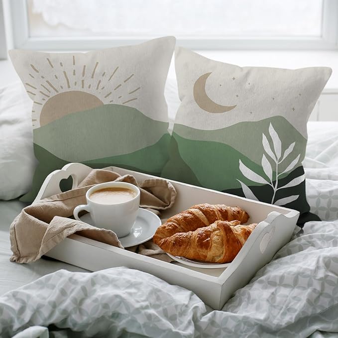 HIWX Boho Pillow Covers, Sun Moon Mountains Decorative Pillowcase Throw Pillows, Set of 2 (Green, 18x18)