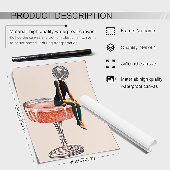 Sufeasdf Funky Disco Ball Girly Head Poster 70s Retro Cocktail Canvas Wall Art Trendy Vintage Beige Prints Painting for Family Bar Wall Decor 08x10 inch Unframed