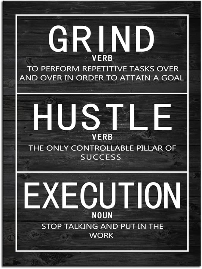 Motivational Canvas Painting Wall Art Grind Verb Hustle Verb Execution Noun Inspirational Poster Prints Artwork Pictures for Home Decor Office Framed Ready to Hang [18''W x 24''H]