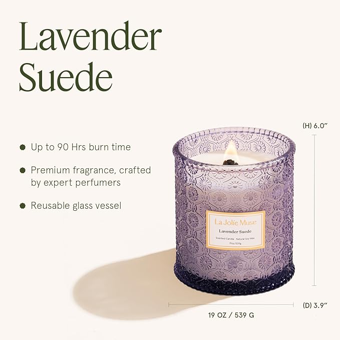 LA JOLIE MUSE Lavender Candle, 19 oz Wood Wicked Candles for Home Scented, Large Soy Candles for Women, 90 Hours Long Burning, Lavender Suede