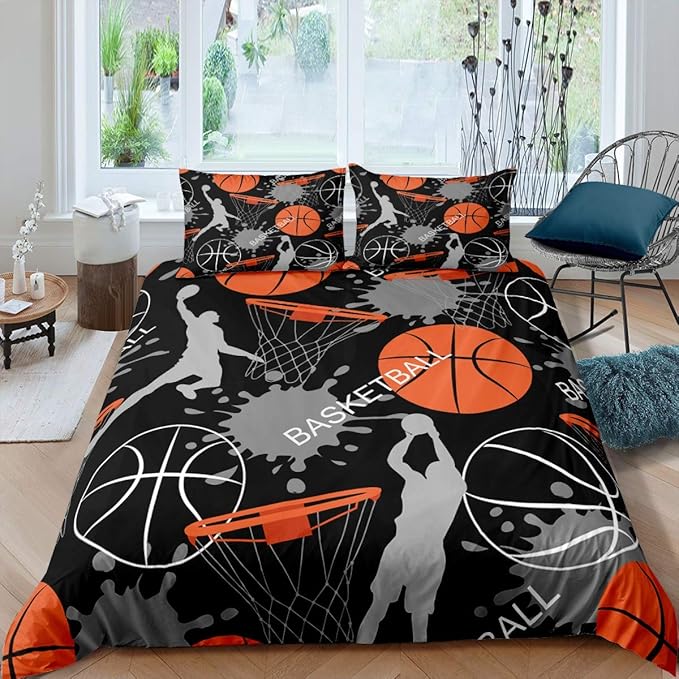 Feelyou Kids Basketball Bedding Set Cool Sport Theme Comforter Cover Set for Boys Teens 1 Duvet Cover with 1 Pillowcase Twin Size