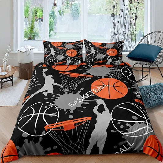 Feelyou Kids Basketball Bedding Set Cool Sport Theme Comforter Cover Set for Boys Teens 1 Duvet Cover with 2 Pillowcases Queen Size