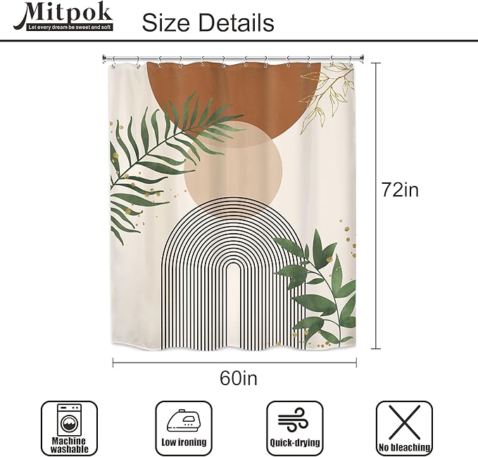 Brown Boho Mid Century Shower Curtain 60Wx72H Abstract Gold Leaves Plant Modern Sun Minimalist Geometric Arch Art Line Bathroom Decor Neutral Bath Curtain Fabric Polyester 12 Pack Hooks