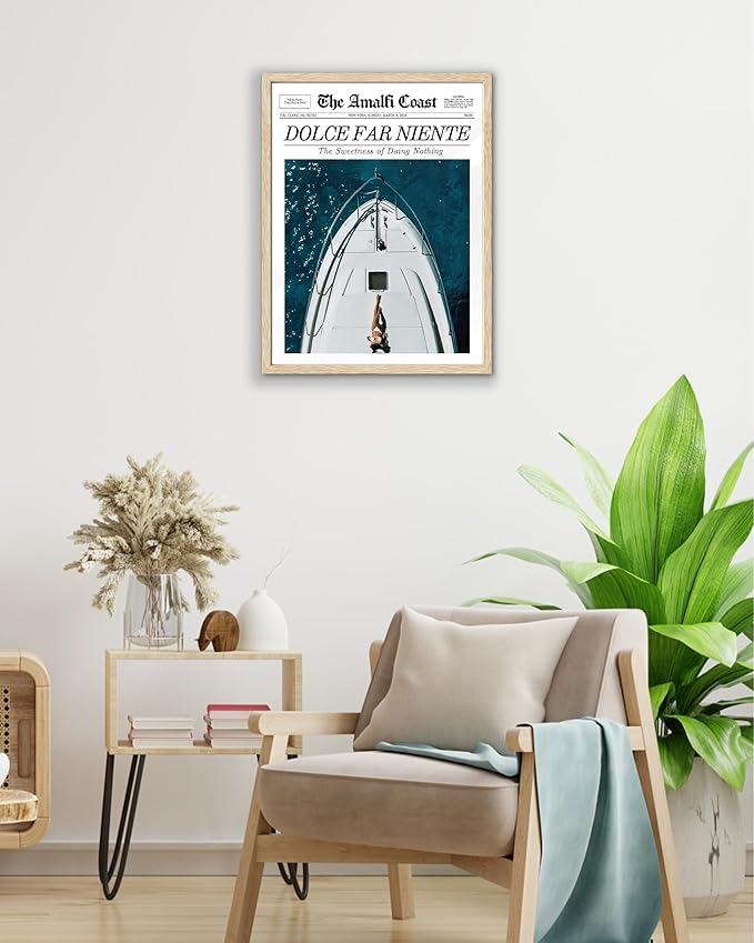 EcoHest Trendy Newspaper Dolce Far Niente Framed Wall Art, 12x16 in OAK Wood La Dolce Vita Canvas Art, Magazine Italian Summer Headline Print Decor, Beige Logs Set of 1 for Bedroom Living Room
