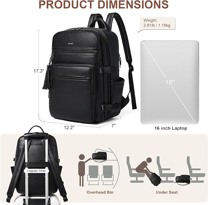 Shrrie Laptop Backpack for Women,Vegan Leather Backpack Work Computer Backpacks fits 16" Laptop,Water Resistant Teacher Nurse Casual Daypack for Weekender Camping Travel,Two-toned Black