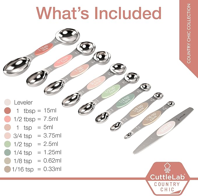 Magnetic Measuring Spoons Set - Stainless Steel, Double Ended, Stackable & Nested Design for Dry and Liquid Ingredients, Ideal for Spice Jars, 9-Piece Set with Leveler (Country Chic)