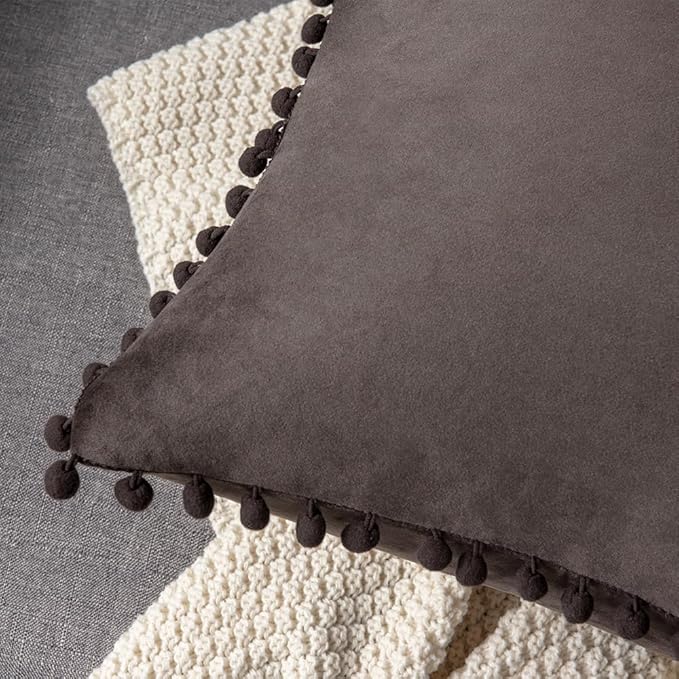 DEZENE Decorative Pillow Cases 22x22 Brown: 2 Pack Cozy Soft Pom-poms Velvet Square Throw Pillow Covers for Farmhouse Home Decor