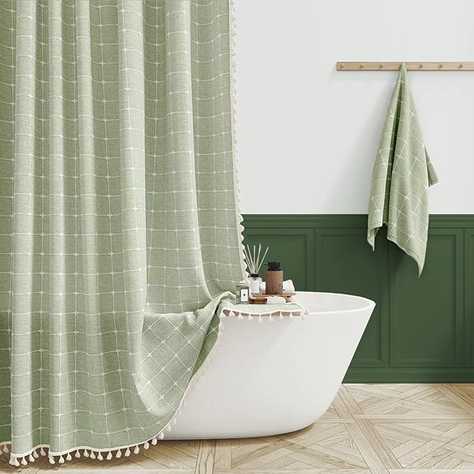 BTTN Extra Long Shower Curtain - 72x90 Inch Long Boho Tassel Linen Fabric Shower Curtain Set with 12 Plastic Hooks, Modern Farmhouse Elegant Heavy Duty Cloth Shower Curtains for Bathroom - Sage Green
