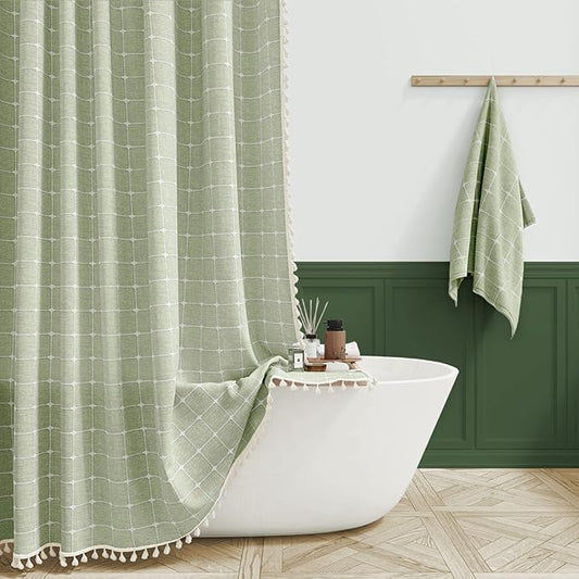 BTTN Extra Long Shower Curtain - 72x90 Inch Long Boho Tassel Linen Fabric Shower Curtain Set with 12 Plastic Hooks, Modern Farmhouse Elegant Heavy Duty Cloth Shower Curtains for Bathroom - Sage Green
