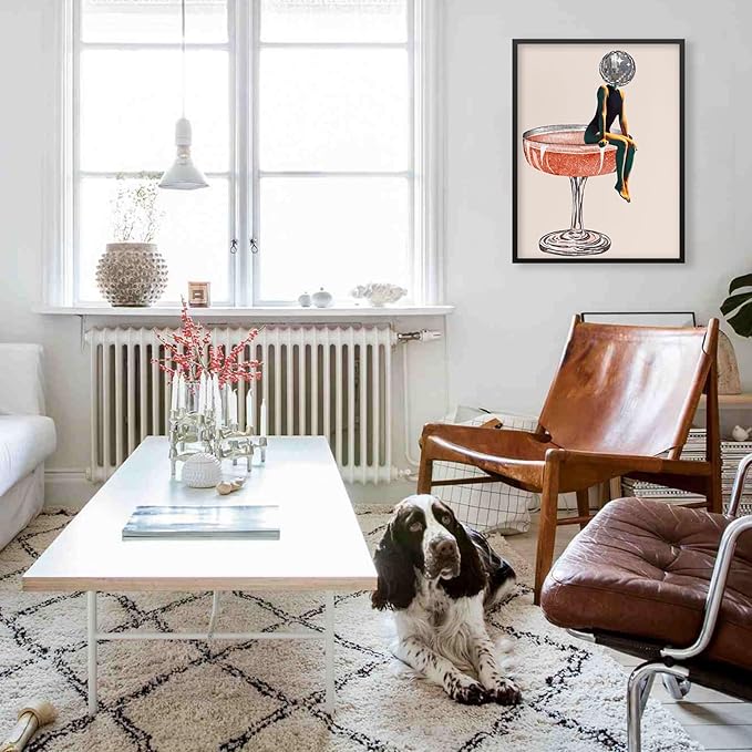 Funky Disco Ball Girly Head Poster 70s Retro Cocktail Canvas Wall Art 16x24 inch Black Framed Trendy Vintage Beige Prints Painting for Family Bar Wall Decor