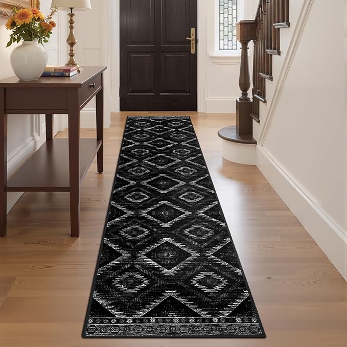 Area Rug 2x8 Rug Machine Washable Non-Slip Low Pile Print Pattern Western Rug for Living Room Bedroom Entryway Tribal Series-Black