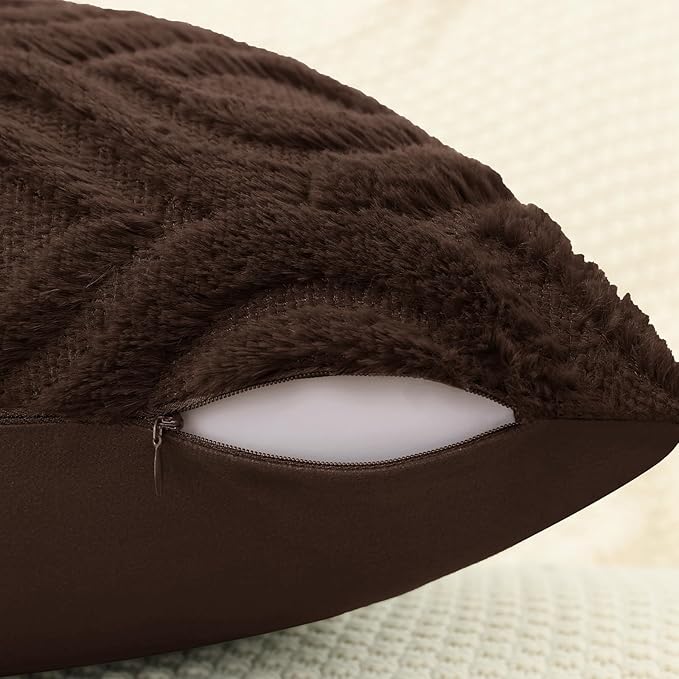 decorUhome Throw Pillow Covers 24x24 Inch Set of 2, Soft Plush Decorative Faux Fur Dark Brown Solid Couch Pillow Covers, Accent Farmhouse Neutral Square Euro Pillow Cases for Sofa Bed Living Room