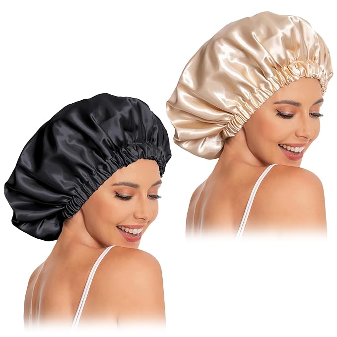 Satin Bonnet Silk Bonnet Hair Bonnet for Sleeping-Slouchy Beanie Hat Satin Sleep Cap for Women's Natural & Curly Hair(Black&Champagne)