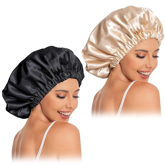 Satin Bonnet Silk Bonnet Hair Bonnet for Sleeping-Slouchy Beanie Hat Satin Sleep Cap for Women's Natural & Curly Hair(Black&Champagne)