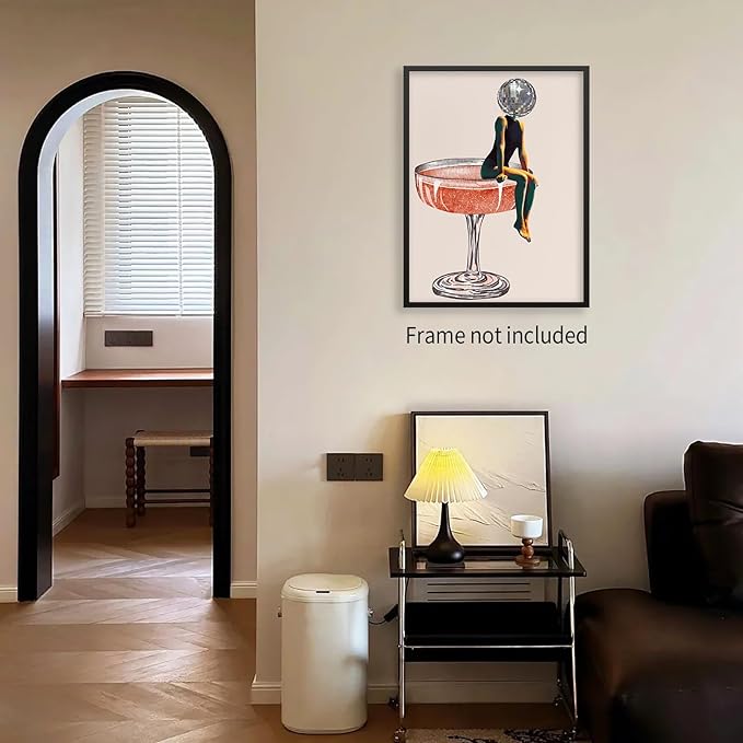 Sufeasdf Funky Disco Ball Girly Head Poster 70s Retro Cocktail Canvas Wall Art Trendy Vintage Beige Prints Painting for Family Bar Wall Decor 24x36 inch Unframed