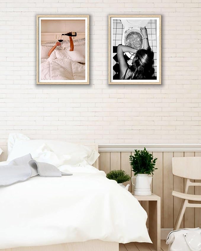 EcoHest Small Trendy After the Disco Party Framed Wall Art, 8x10 in OAK Wood Black and White Funny Bathroom Canvas Art, Teen Girl Poster College Dorm Decor, Set of 1 for Bedroom Living Room