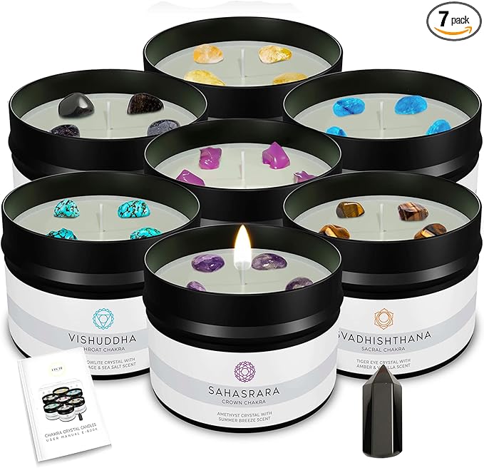 Healing Chakra Scented Candles Set with Surprise Wand | 7 Scented Candles with Chakra Crystals, Wand | E-Book Included