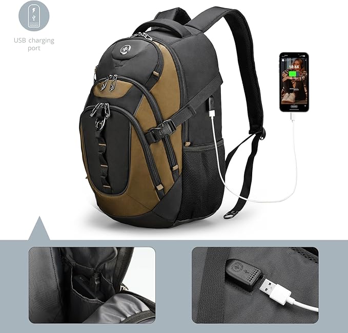 Swissdigital Design Laptop Backpack with USB Charging Port, Travel Backpack Fits 15.6 inches Computer, 31L College School Backpack for Men, Tan/Black | SD803